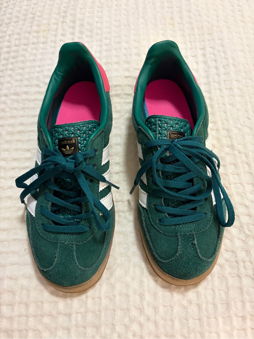 adidas Women's Green Suede Gazelle Sneaker with White Stripes